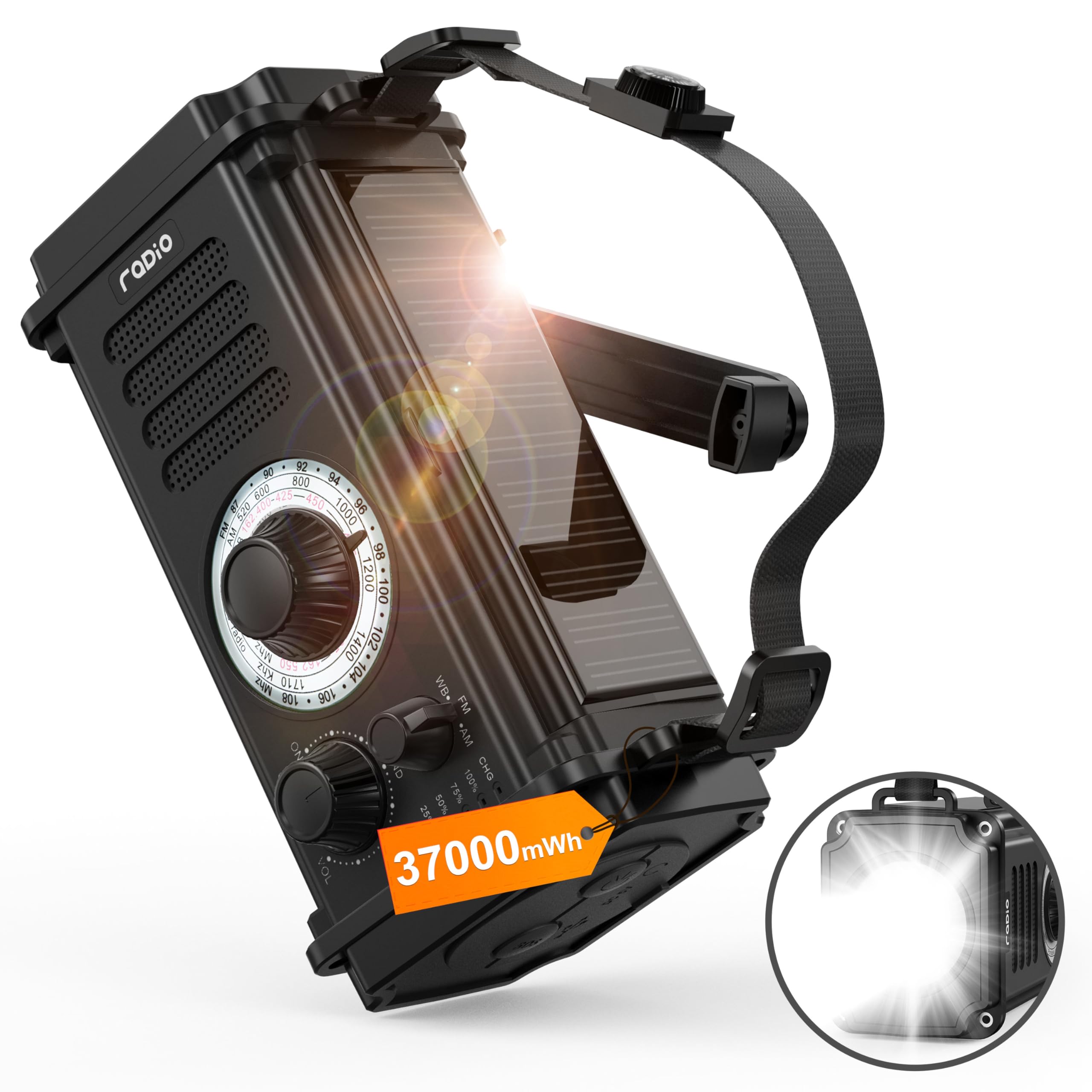 37000mWh Hand Crank Emergency Radio, Portable Solar AM/FM/NOAA Weather Radio with Rechargeable Battery Powered, USB Charger, SOS Alarm, Flashlight/Reading Lamp for Home Outdoor Survival-Black