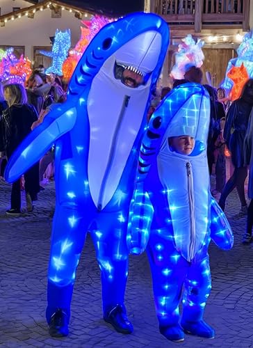 Miniatura 3 de Disfraz inflable de tiburón azul para adultos, disfraz divertido con luz LED, disfraz de Halloween, disfraz de fantasía para cosplay