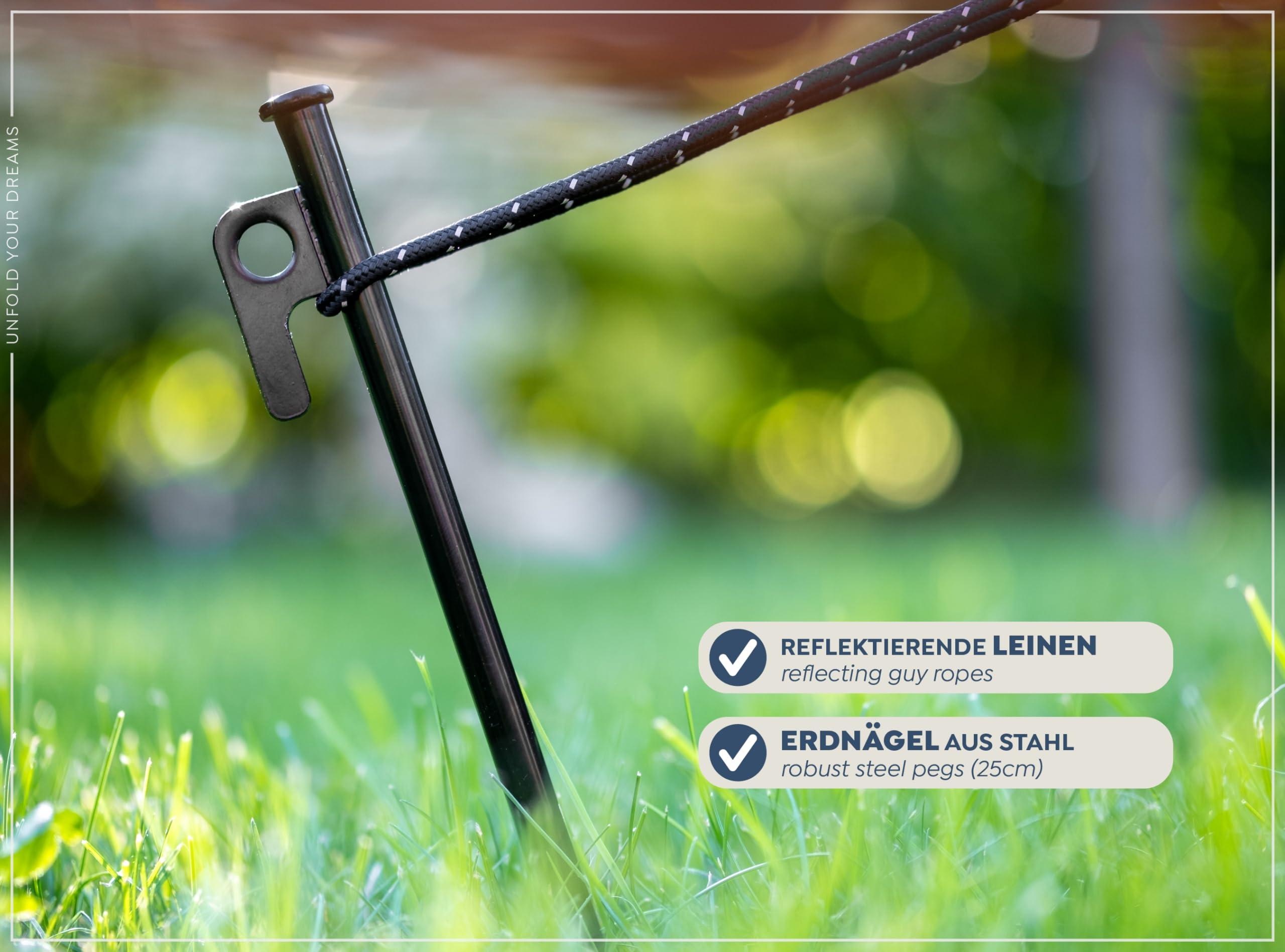 Campair Ergänzungsset für Campair Auto-Tarp Sonnensegel/Upgrade-Kit zum Aufstellen des Seitenteils | Stufenlos verstellbar 94-237 cm, Stahlheringe 25 cm, Abspannleinen 360 cm reflektierend, für KFZ, SUV, Shelter und Tarps