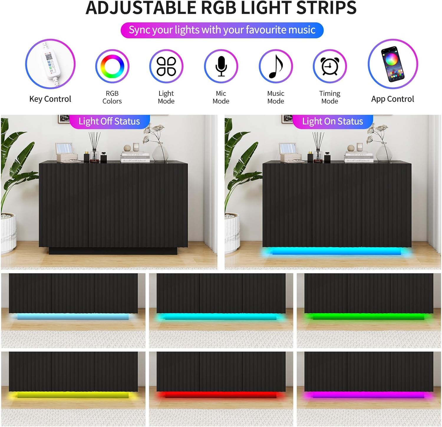 47" Black Fluted Sideboard Buffet Cabinet with Storage and LED Light,Marble Pattern Top Credenza Accent Cabinet with Fast Charging Station,Storage Cabinet for Living Room,Dining Room,Hallway