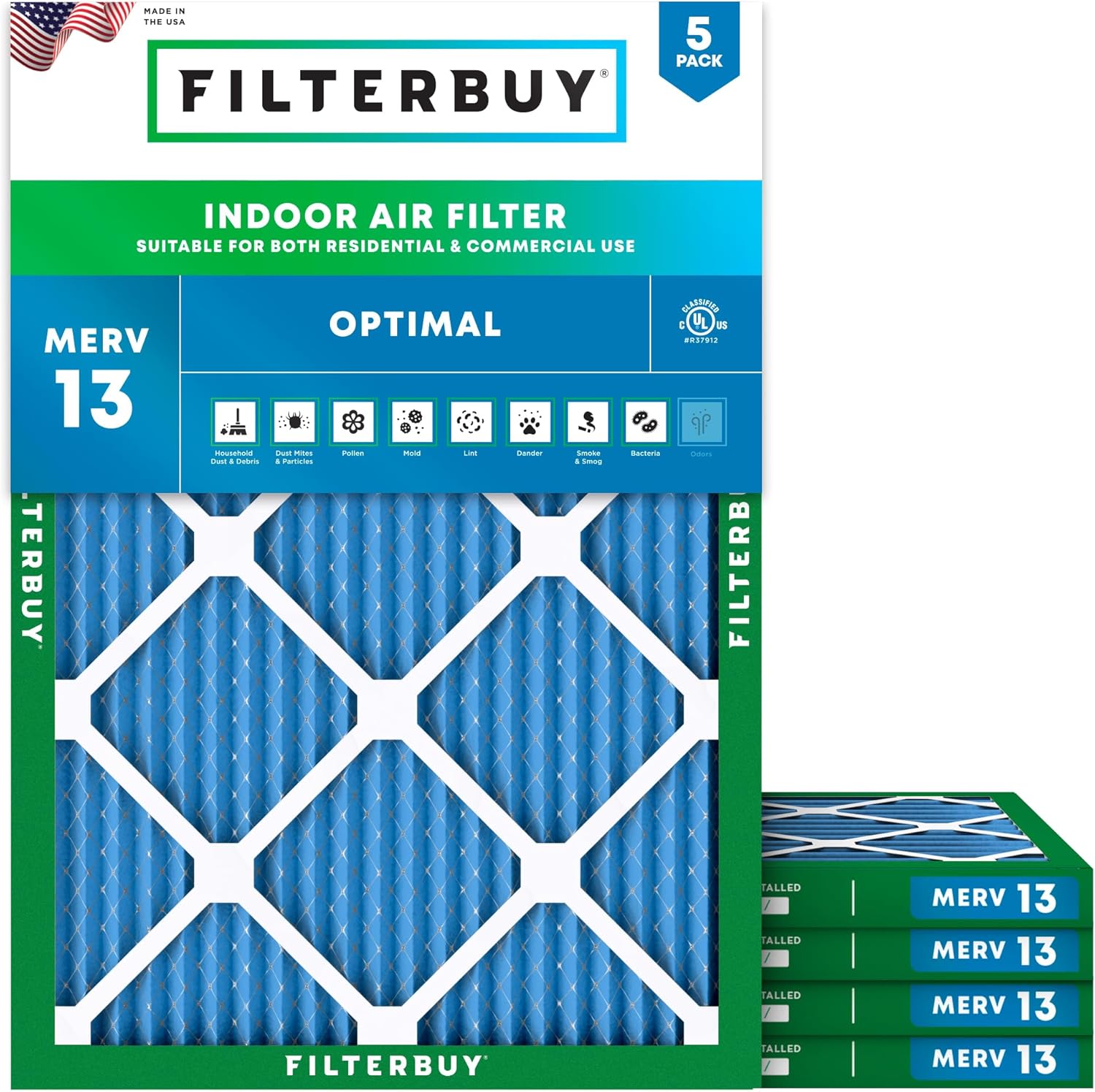 Filterbuy 19x21.5x1 Air Filter MERV 13 Optimal Smoke & Allergy Defense (5-Pack), Electrostatic Pleated HVAC AC Furnace Filters Replacement (Actual Size: 19.00 x 21.50 x 0.75)