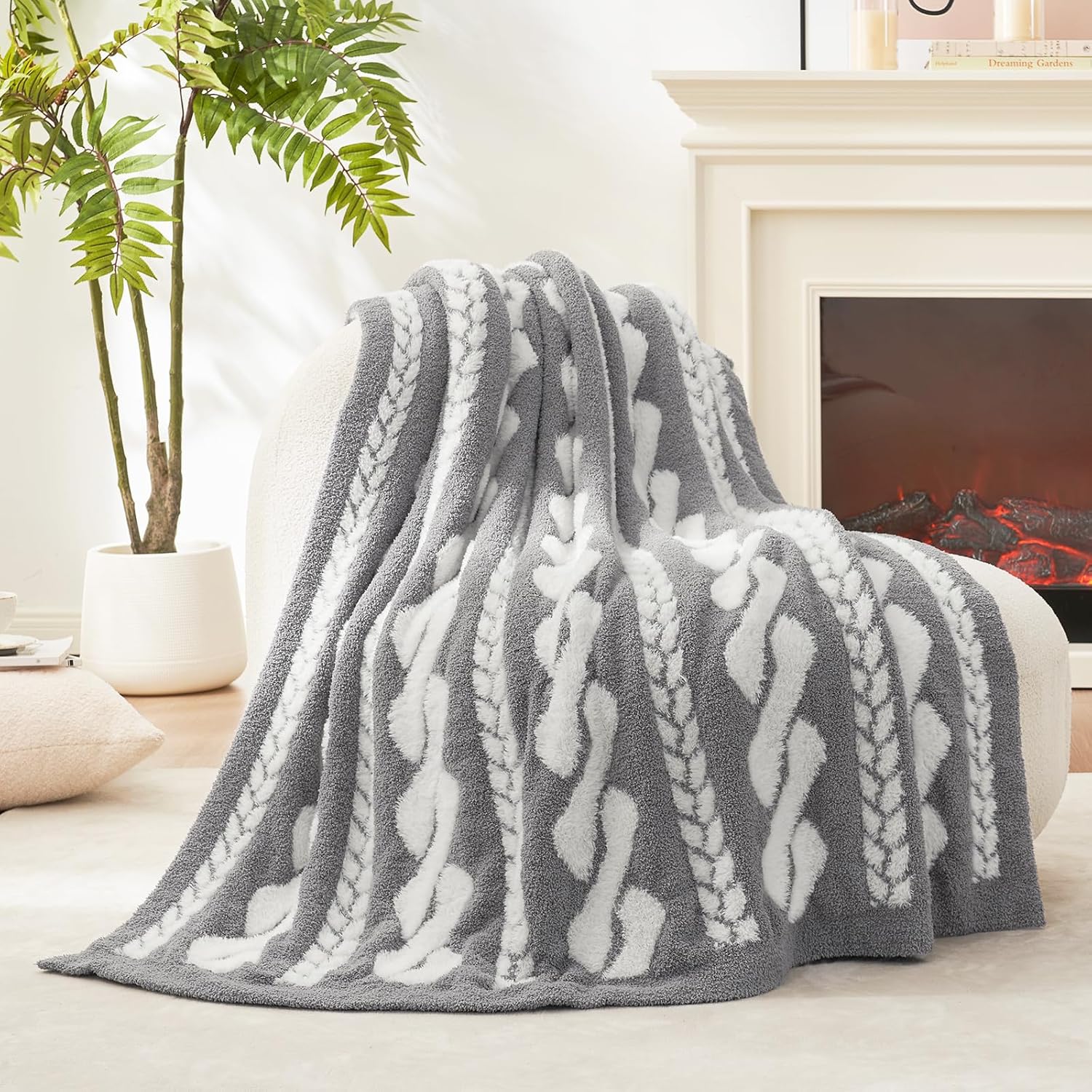 Soft Throw Blanket for Couch Bicolour Super Soft Fuzzy Blanket for Sofa, Luxury Cozy Fluffy Throw for Room Decor, 50" x 60", Cable Grey & White