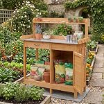 S AFSTAR Outdoor Potting Bench Table, Wooden Garden Work Station with Drawer, Storage Cabinet, Open Shelf, Side Hooks, Metal Tabletop Gardening Workbench, Potting Benches for Outside Backyard Balcony