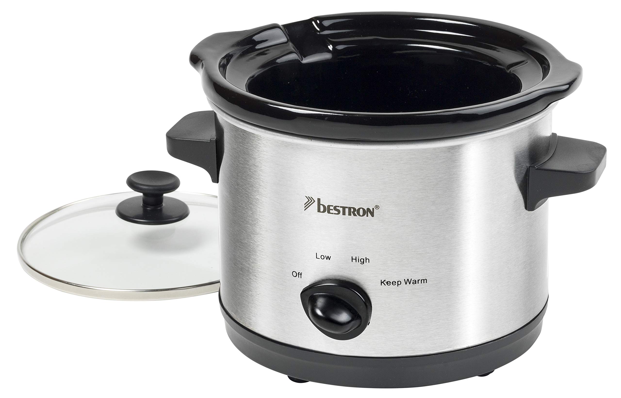 Bestron Slowcooker dla 2 osób, wolnowar z patelnią ceramiczną i szklaną pokrywką, 3-stopniowy termostat, idealny do wielu potraw, takich jak mięso, zupy i warzywa, 1,5 litra, kolor: srebrny