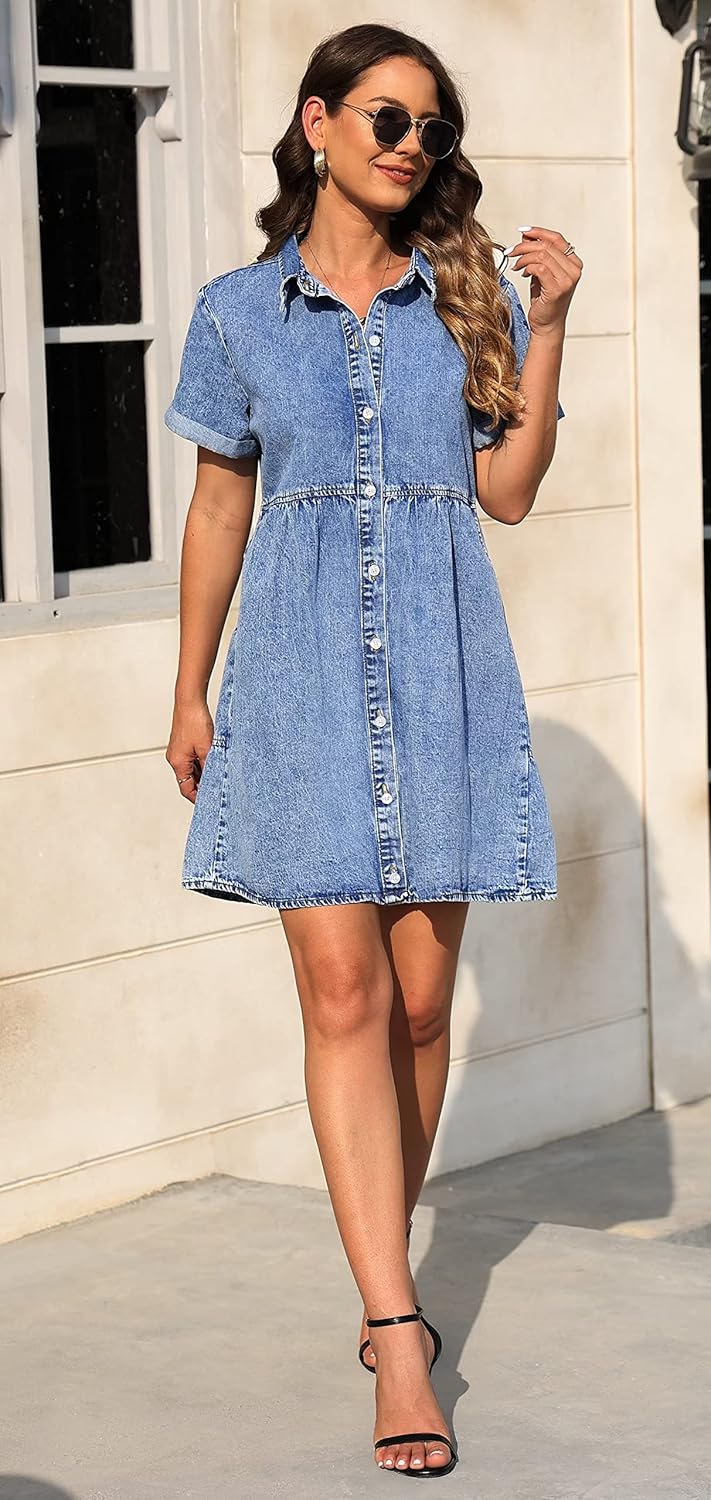 KDF Denim Dress for Women with Pockets Short Sleeve Babydoll Denim Shirt Dresses for Women 2025 - Image 4