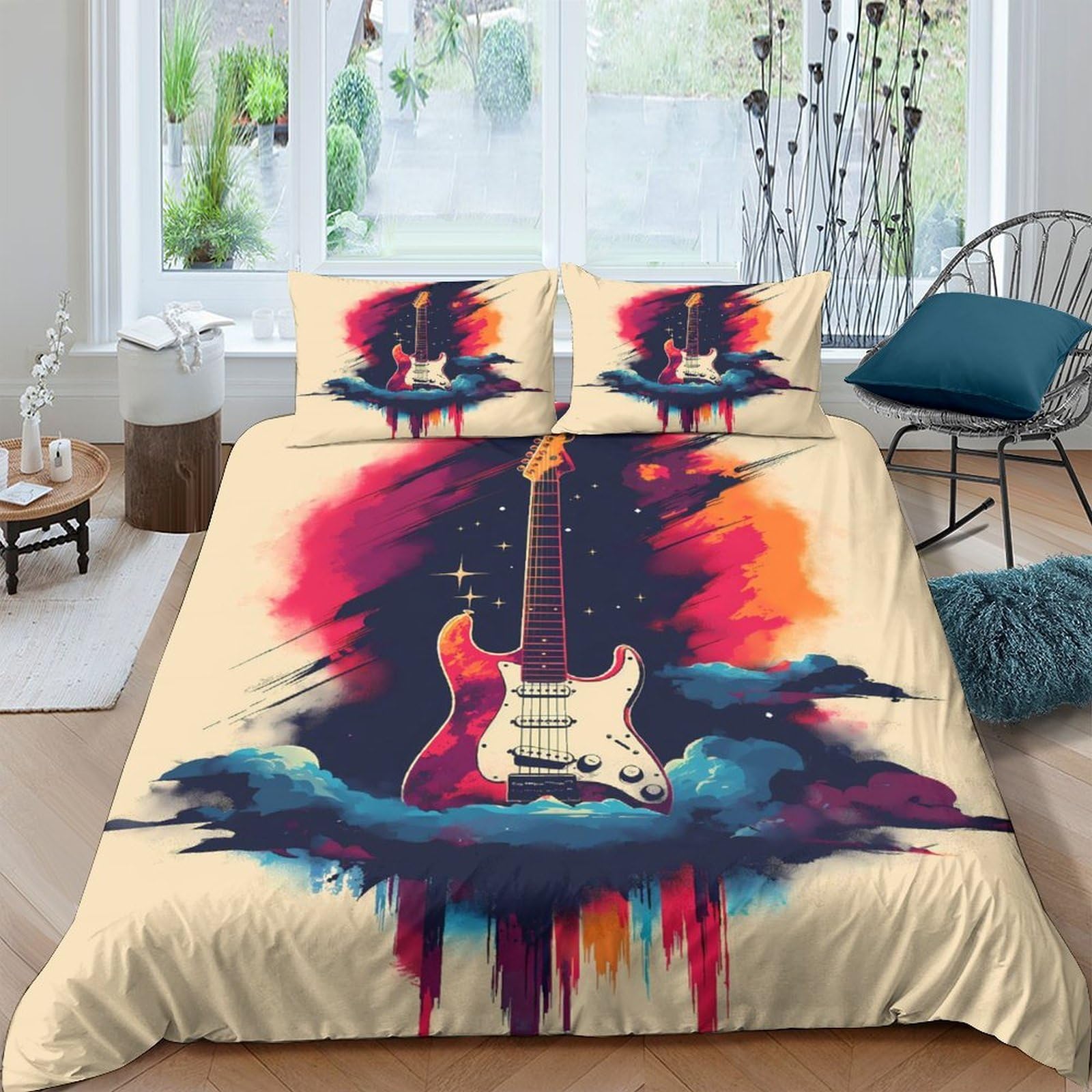 Ctjqhvkz Style-9 3D Printed Electric Guitar Splash Fitted Sheet Microfiber Soft Vibrant Abstract Bed Cover For Bedroom Dorm Decor Single（135X200cm）