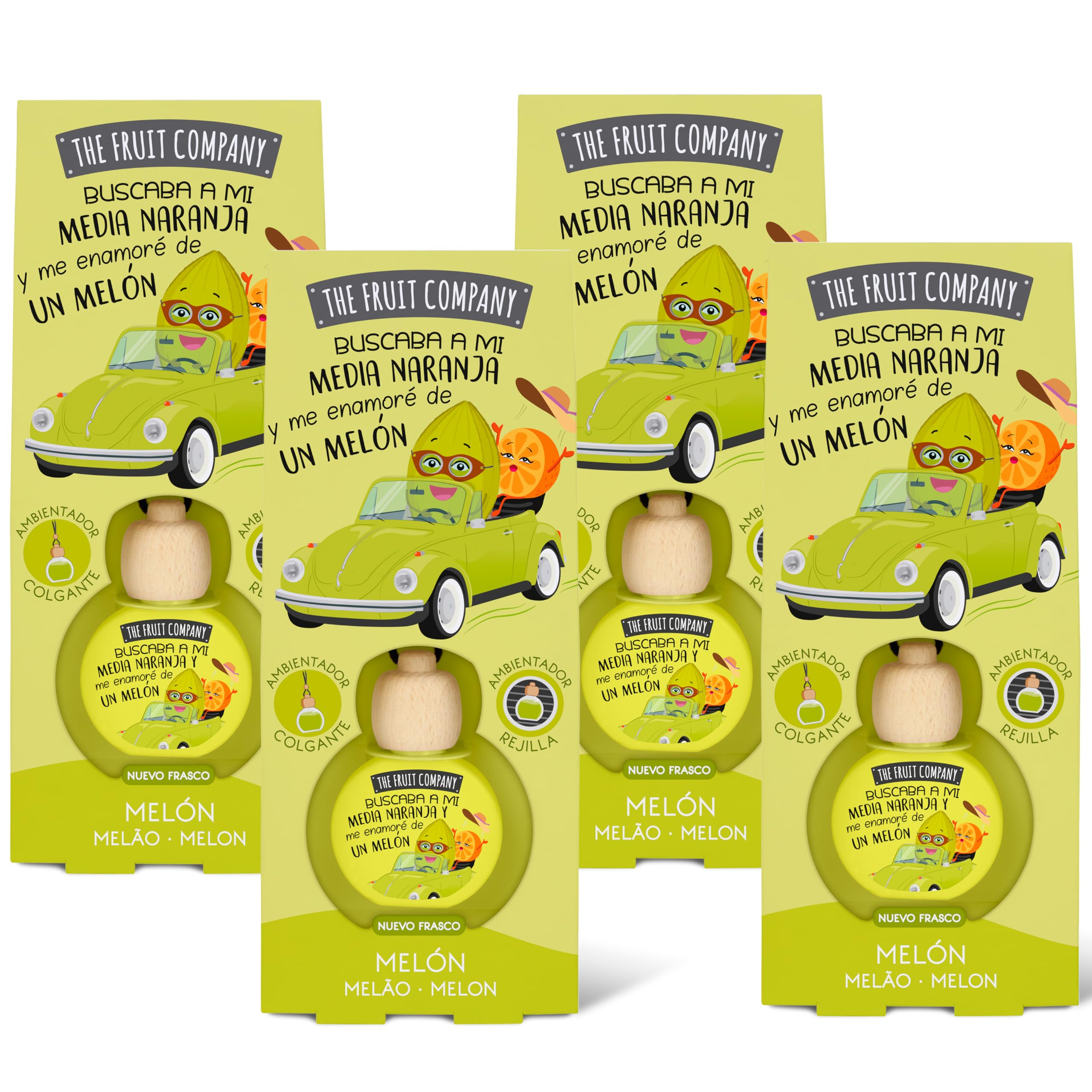 The Fruit Company - Ambientador de coche con Absorbe olores, aroma frutal MELÓN, Pack de 4 unidades