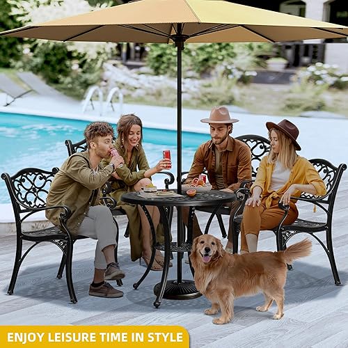 Miniatura 4 de DWVO Mesa de comedor redonda de 30 pulgadas para patio con agujero para paraguas, mesa de bistró de aluminio fundido antiguo para exteriores, mesa