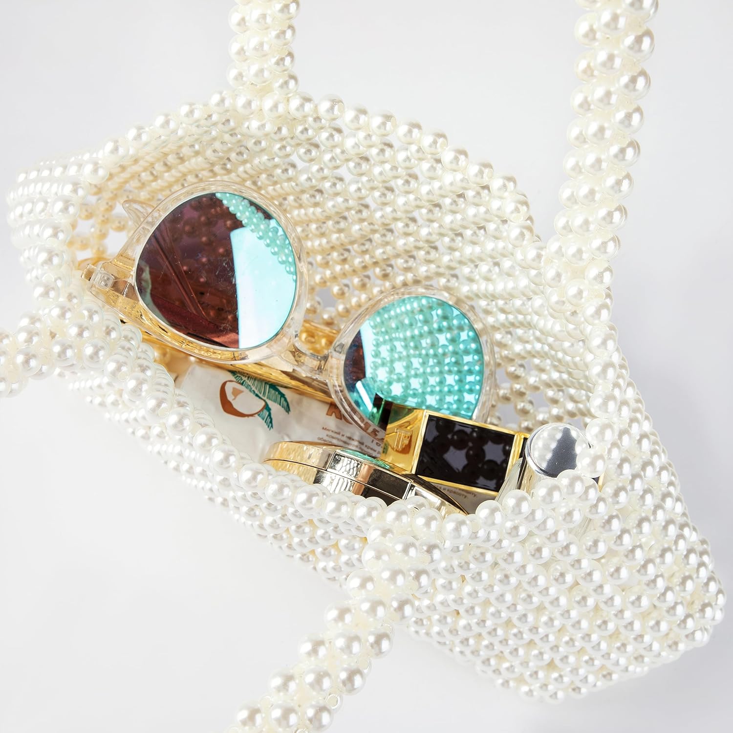 Women Pearl Beaded Pleuche Handle Bag Evening HandBag for Wedding Party - Image 4