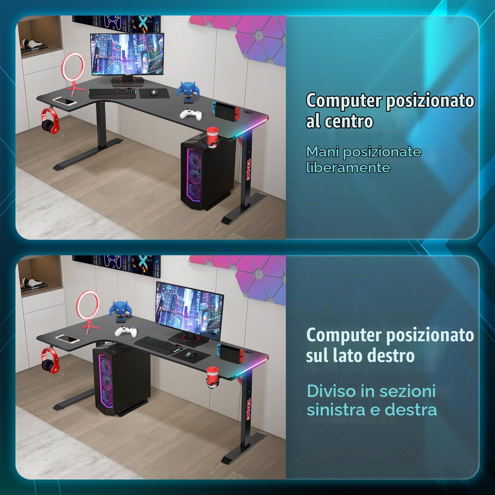 Todeco Scrivania Gaming a L 160x100 cm con LED RGB, Scrivania Ad Angolo | con portabicchiere, gancio cuffie, 40 modalità RGB con telecomando, piedini regolabili, piano effetto fibra di carbonio