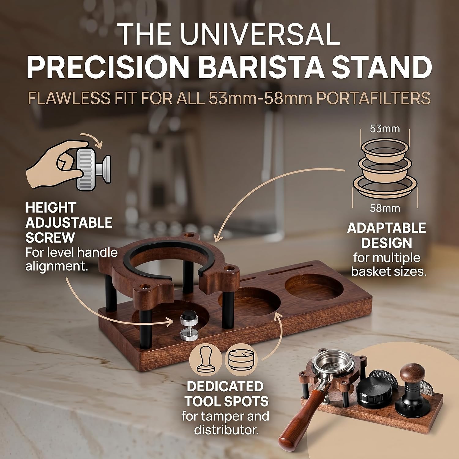 Espresso Tamping Station - Adjustable Portafilter Holder & Tamper Stand, Premium Wooden Coffee Organizer with Silicone Protection, Professional Barista Accessories for Home Cafe image 3
