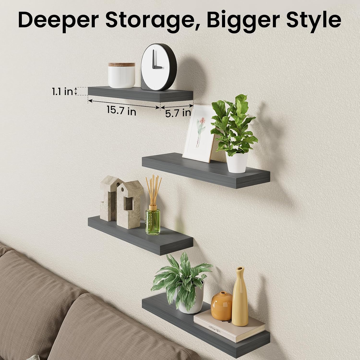  Gray Floating Shelves 15.7in, Set of 4, Wall Mount Rustic Wood Shelf thumbnail