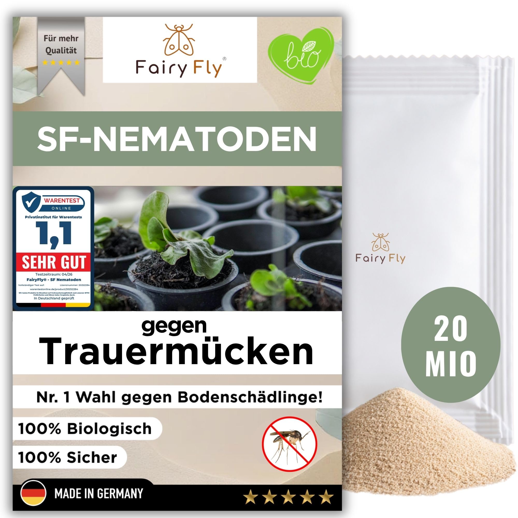 FairyFly® SF Nematoden gegen Trauermücken – Nematoden zum Gießen für Zimmerpflanzen, Balkon & Gewächshaus – (1-50 Mio für 2-100 m²) biologische Schädlingsbekämpfung ohne Chemie