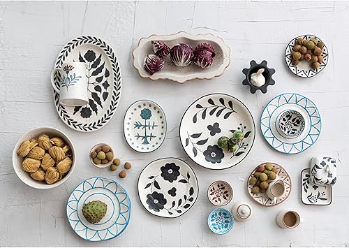 Miniatura 11 de Plato de gres pintado a mano con diseño floral, blanco y negro