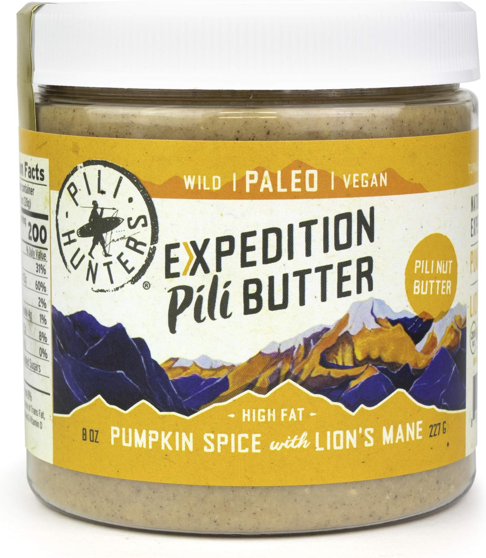 PILI HUNTERS AS SEEN ON TV The Original Pumpkin Spice Pili Nut Butter Spread with Lions Mane, Keto, Paleo, Vegan, Low Carb, No Sugar Added, NO Gluten/Soy/Dairy, (8oz.Jar)