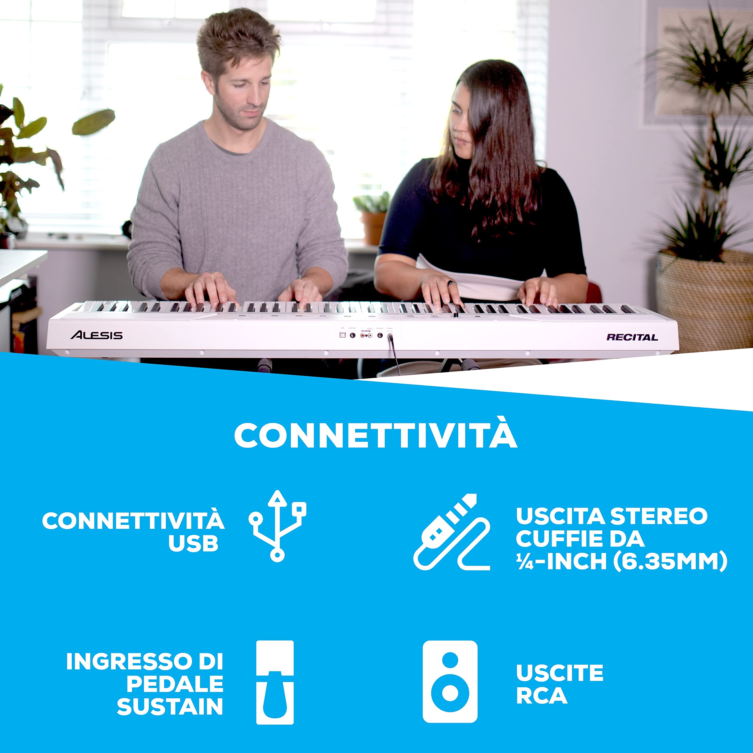 Alesis Recital White + M-Audio SP-2 - Pianoforte Digitale con Casse, 5 Suoni, 88 Tasti Semi Pesati, 3 mesi di Lezioni Gratis + Pedale di Sustain Universale
