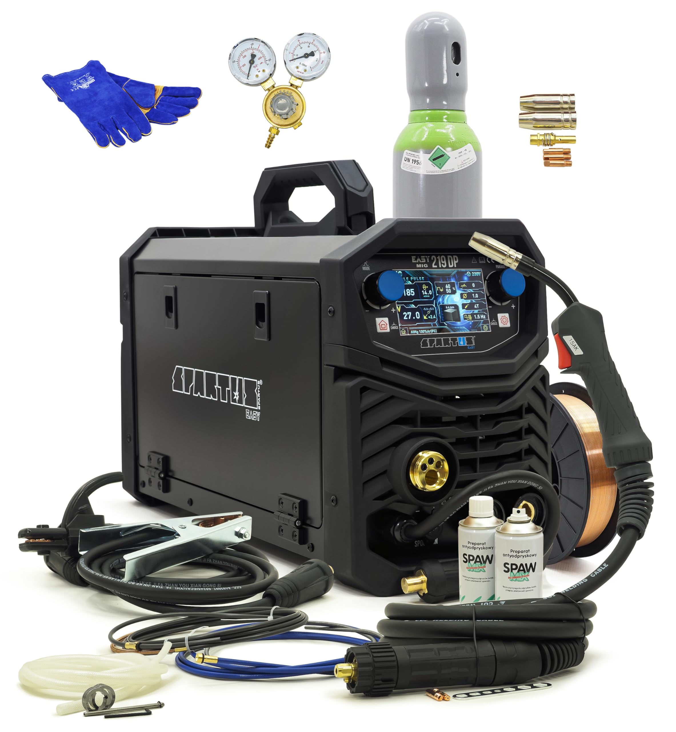 SPARTUS EasyMIG 219 Dual Pulse Starter-Set - MIG MAG SCHWEISSGERÄT 200A - Synergic Komplettset sofort startklar - Inkl. Schutzgas-Paket & Draht für Edelstahl - Bestschweissen.de