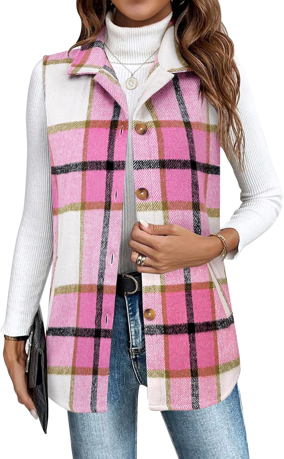 Zeagoo Plaid Vest for Womens Casual Sleeveless Flannel Jacket Lapel Button Down Shirt with Pockets 2025 Fall Clothes