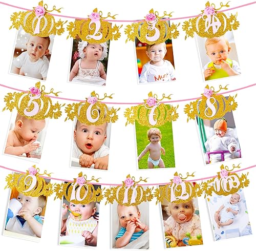 Pancarta de fotos de primer cumpleaños para recién nacidos de 1 a 12 meses, guirnalda mensual para decoración de primera fiesta de cumpleaños
