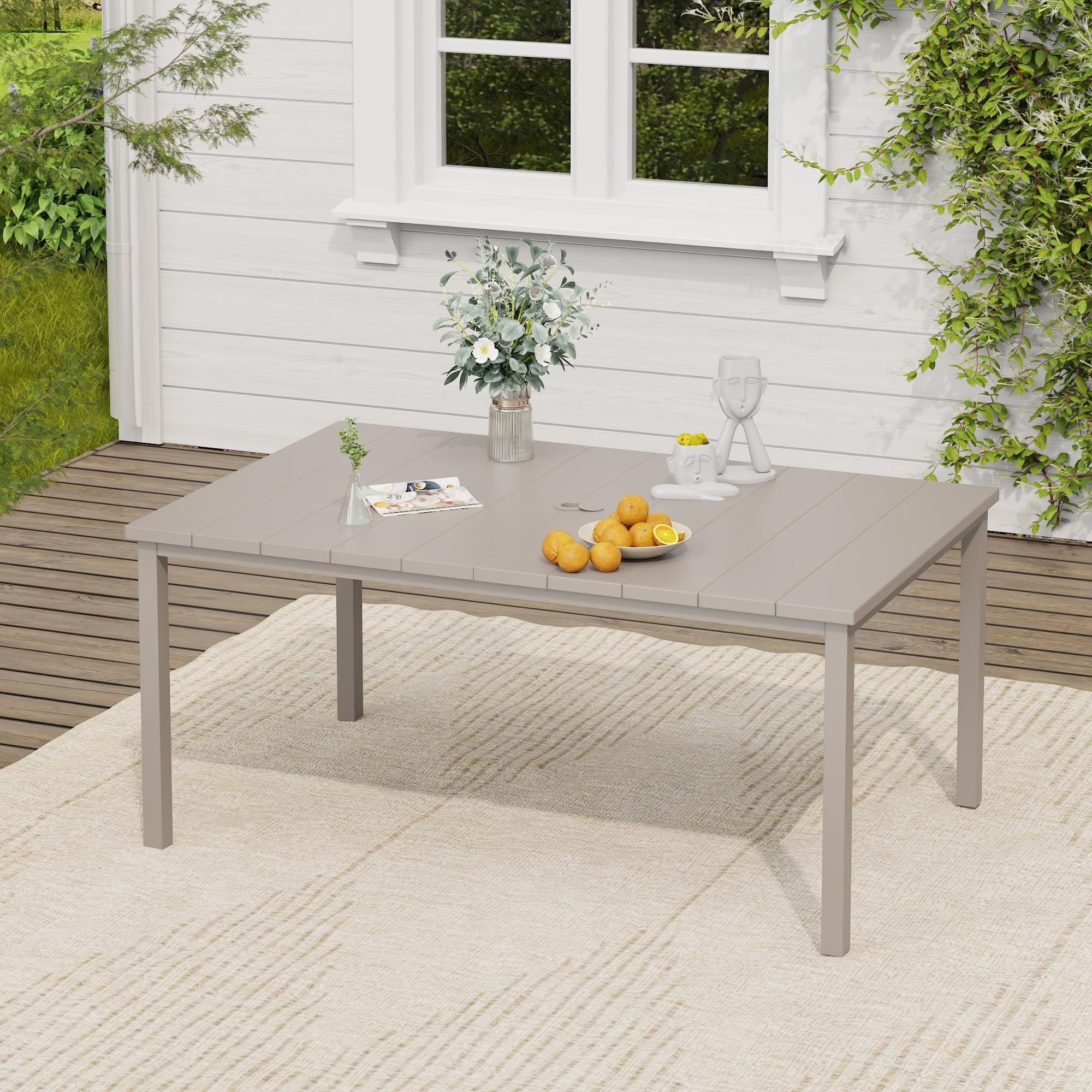 VICLLAX Outdoor Table for 6, Metal Patio Dining Table with Umbrella Hole for Garden Lawn Deck Backyard, Sandshell Tabletop