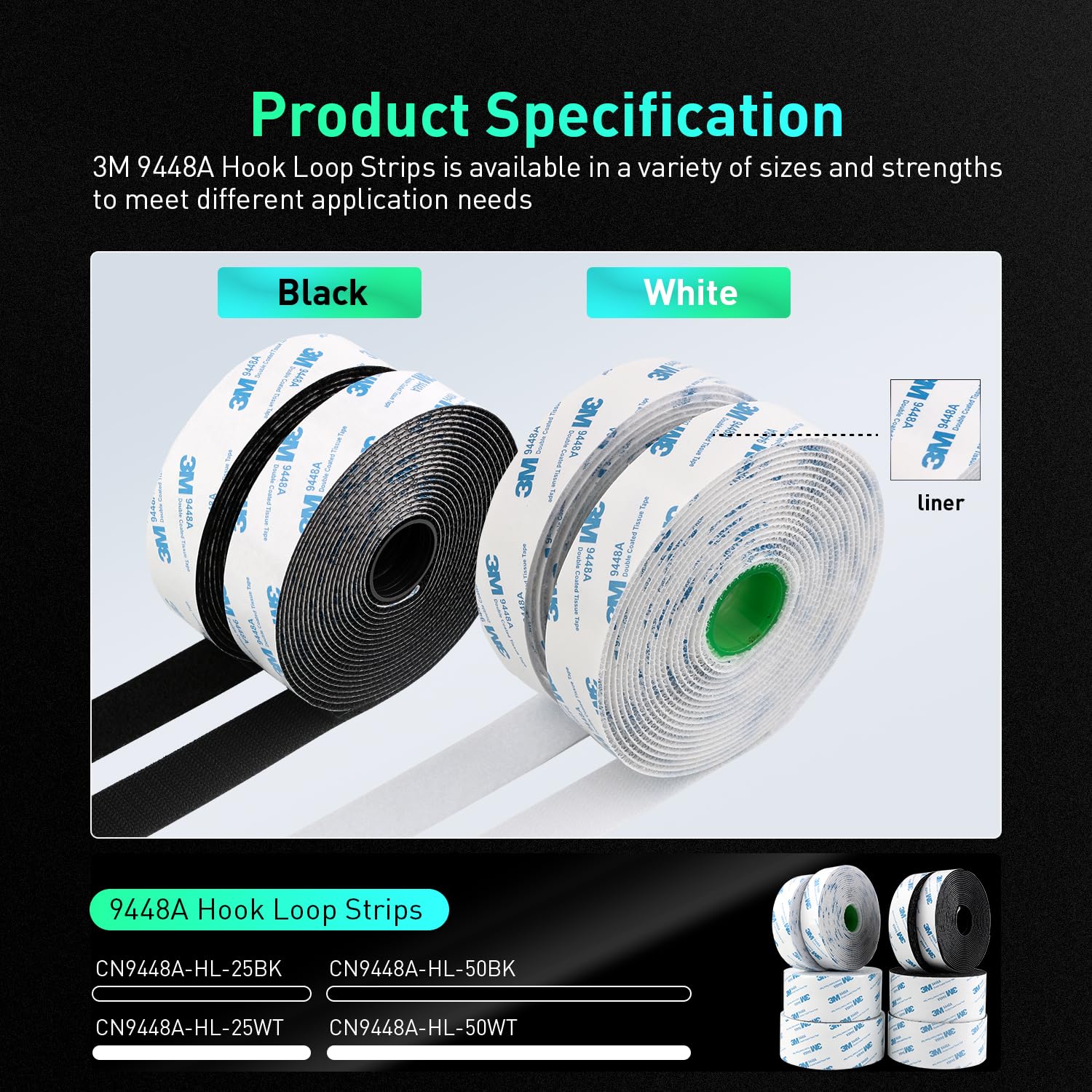 Cinta de gancho y bucle Adhesivo superfuerte Autoadhesivo 9448A 25,4 mm x 5 m Negro Tejido de nylon entrelazado duradero para la organización del hogar y la oficina Decoración Proyectos de bricolaje