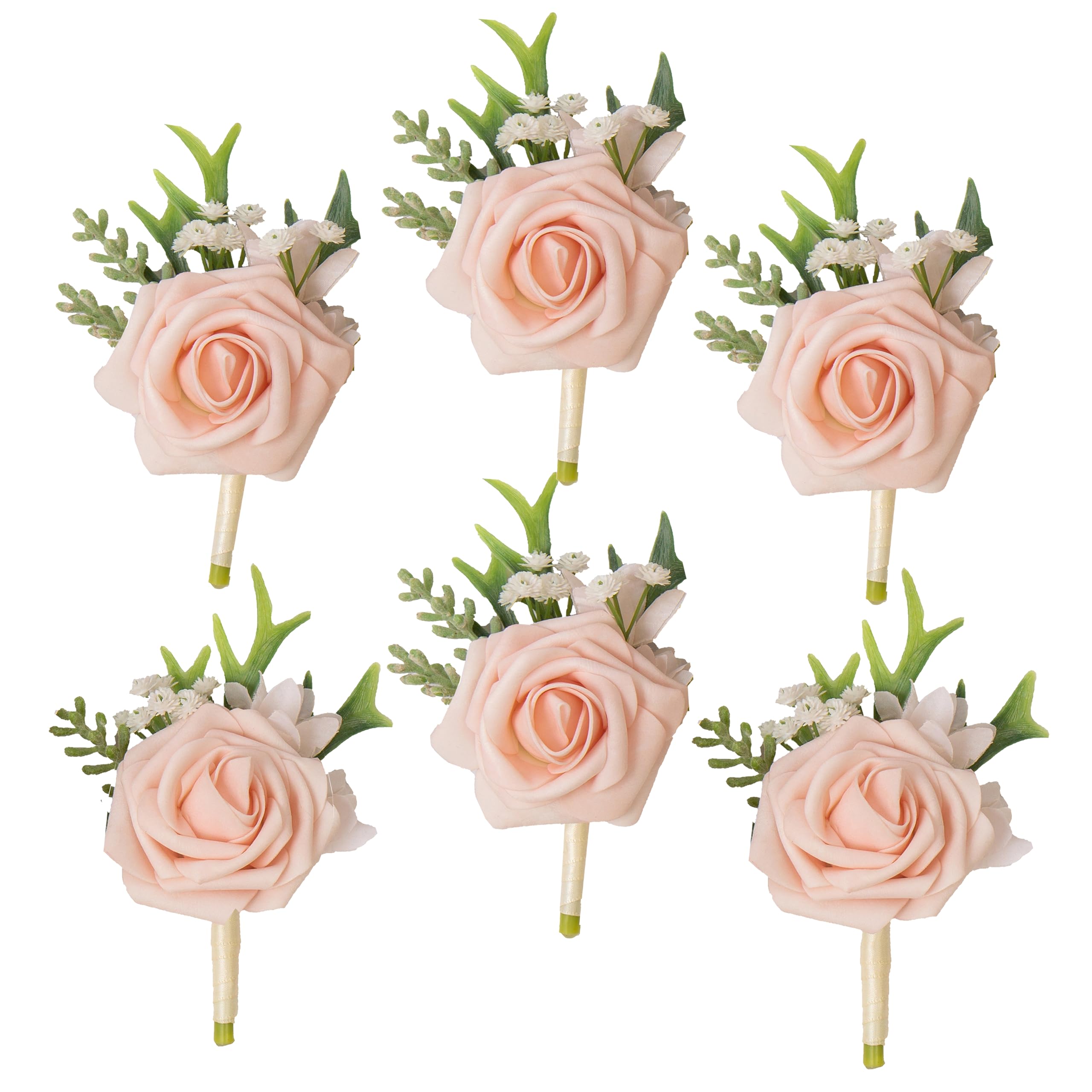 BENCENTRE Blush Boutonniere for Men, Pink Prom boutonnieres,Set of 6,Groom and Groomsmen Boutonniere for Wedding Ceremony Anniversary, Formal Dinner
