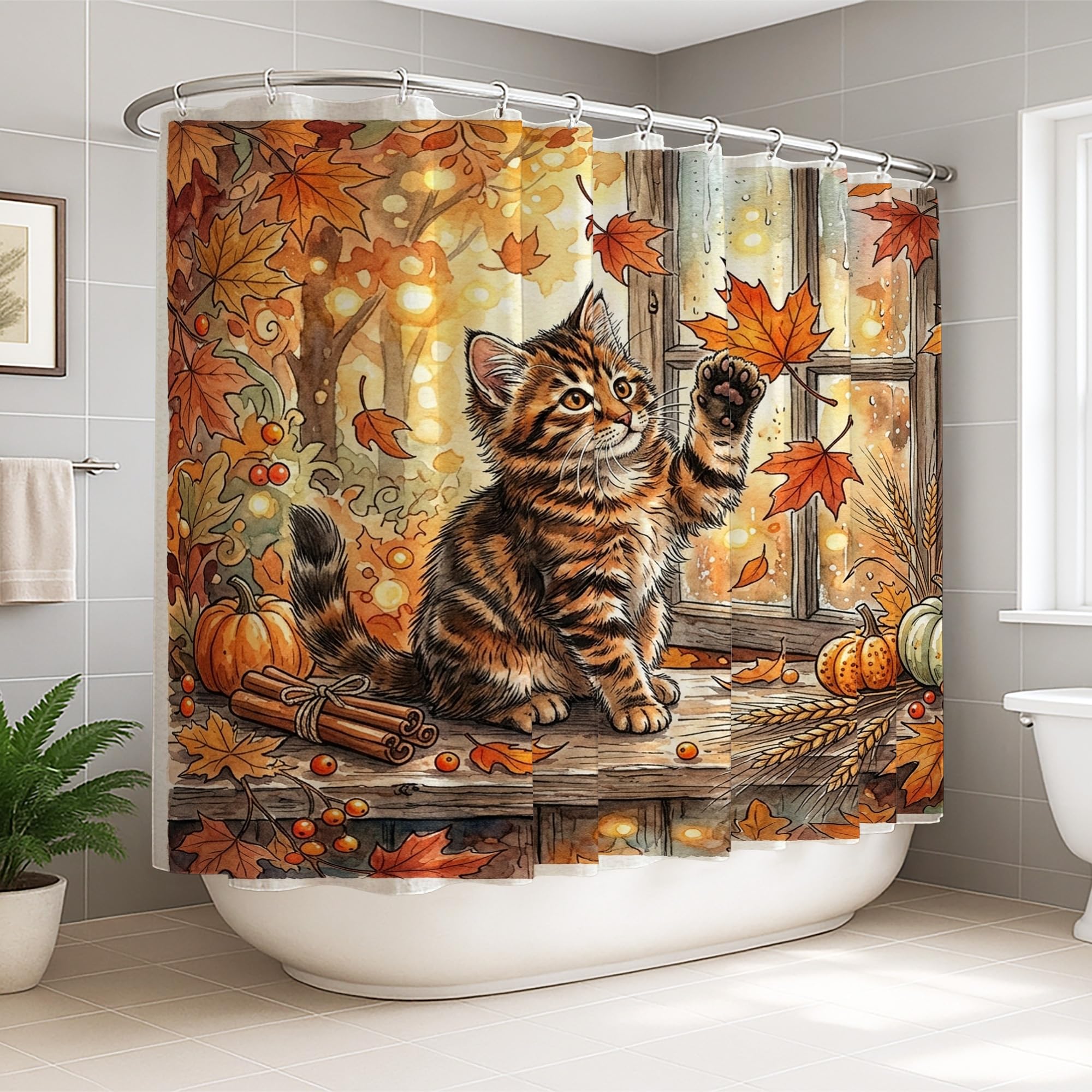 Rideau de douche extra large anti-éclaboussures lavable motif chat d'automne