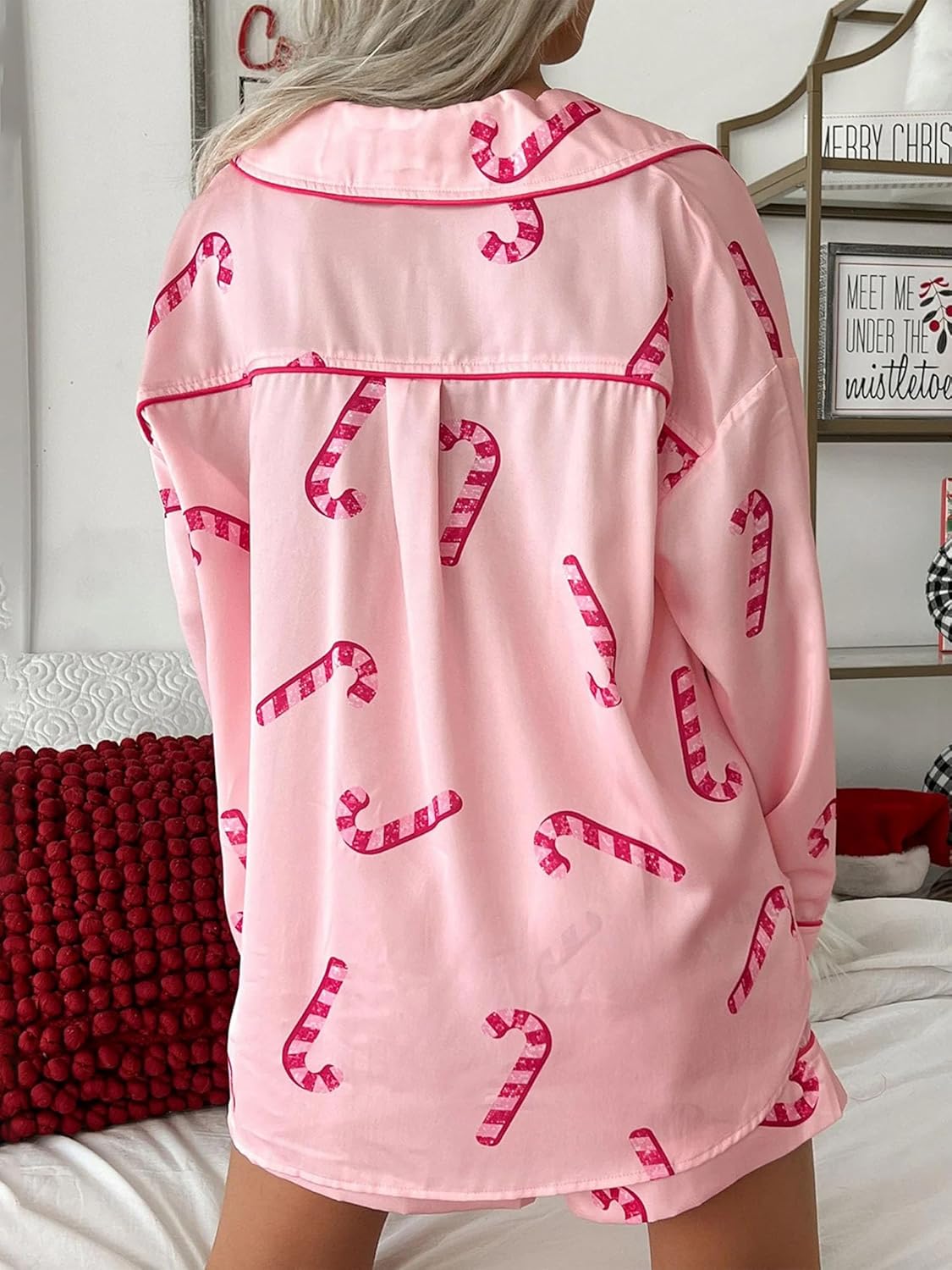 Springcmy Women 2Pcs Silk Christmas Pajamas Set Floral Long Sleeve Button Up Shirt Ruffle Shorts Pjs Sets Loungewear - Image 4