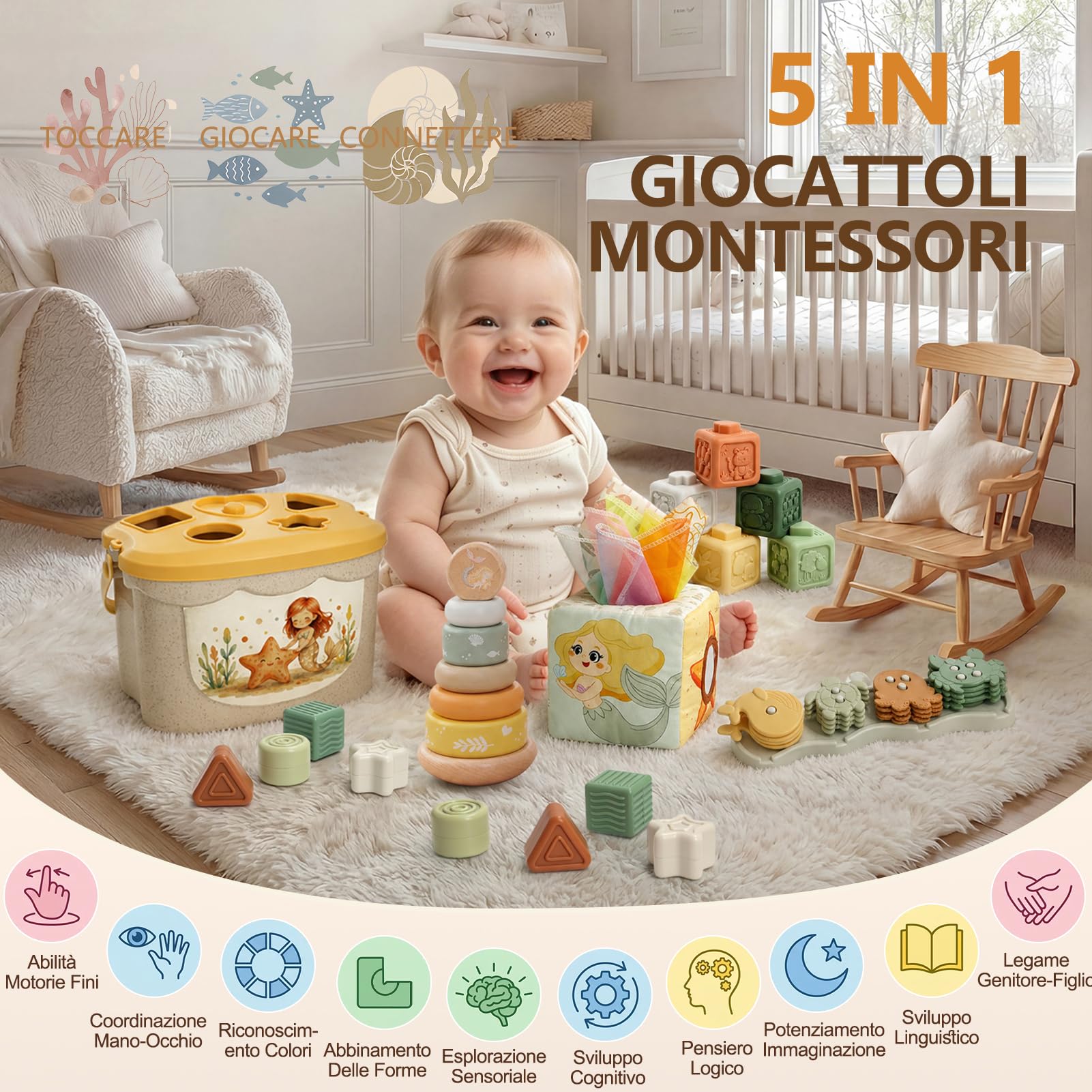 Anook Giochi Montessori 6 Mesi, 5 in 1 Giochi 6 8 10 Mesi Include Giochi Bambini Formine, Costruzioni Bambini 6 Mesi, Scatola di Fazzoletti, Giochi Sensoriali Neonato per Regalo Bimba Bimbo 6-24 Mesi