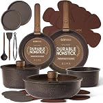 CAROTE 21PCS Pots et casseroles ensemble non-collant avec poignée amovible, Ensembles de cuisine antiadhésive, Kit cuisine, Four/Lavage-vaisselle sans danger, Cuisinière à induction, Brown, RV Pot de cuisine et poêle