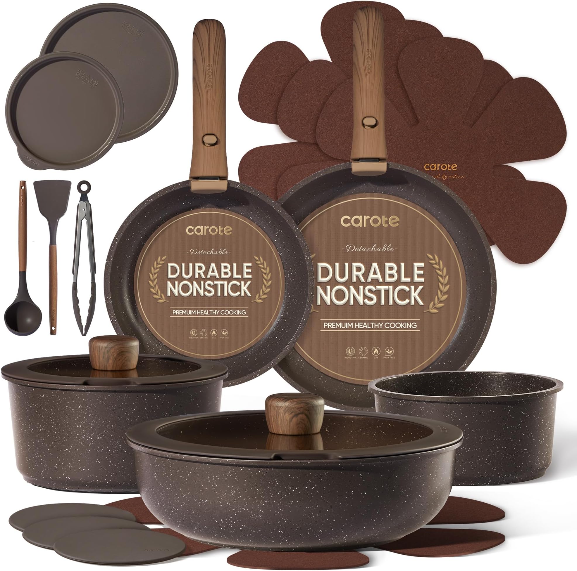 17PCS Pots and Pans Set Non Stick, Cookware Sets, Kitchen Set, Induction Cookware, Kitchen Cookware Sets, Brown
