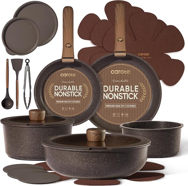 CAROTE 21PCS Pots et casseroles ensemble non-collant avec poignée amovible, Ensembles de cuisine antiadhésive, Kit cuisine, Four/Lavage-vaisselle sans danger, Cuisinière à induction, Brown, RV Pot de cuisine et poêle