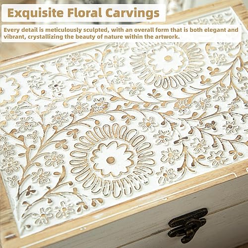 Miniatura 3 de Juego de 3 cajas decorativas de madera, caja de recuerdo rústica con tapa con bisagras y diseño floral tallado, caja de almacenamiento de madera