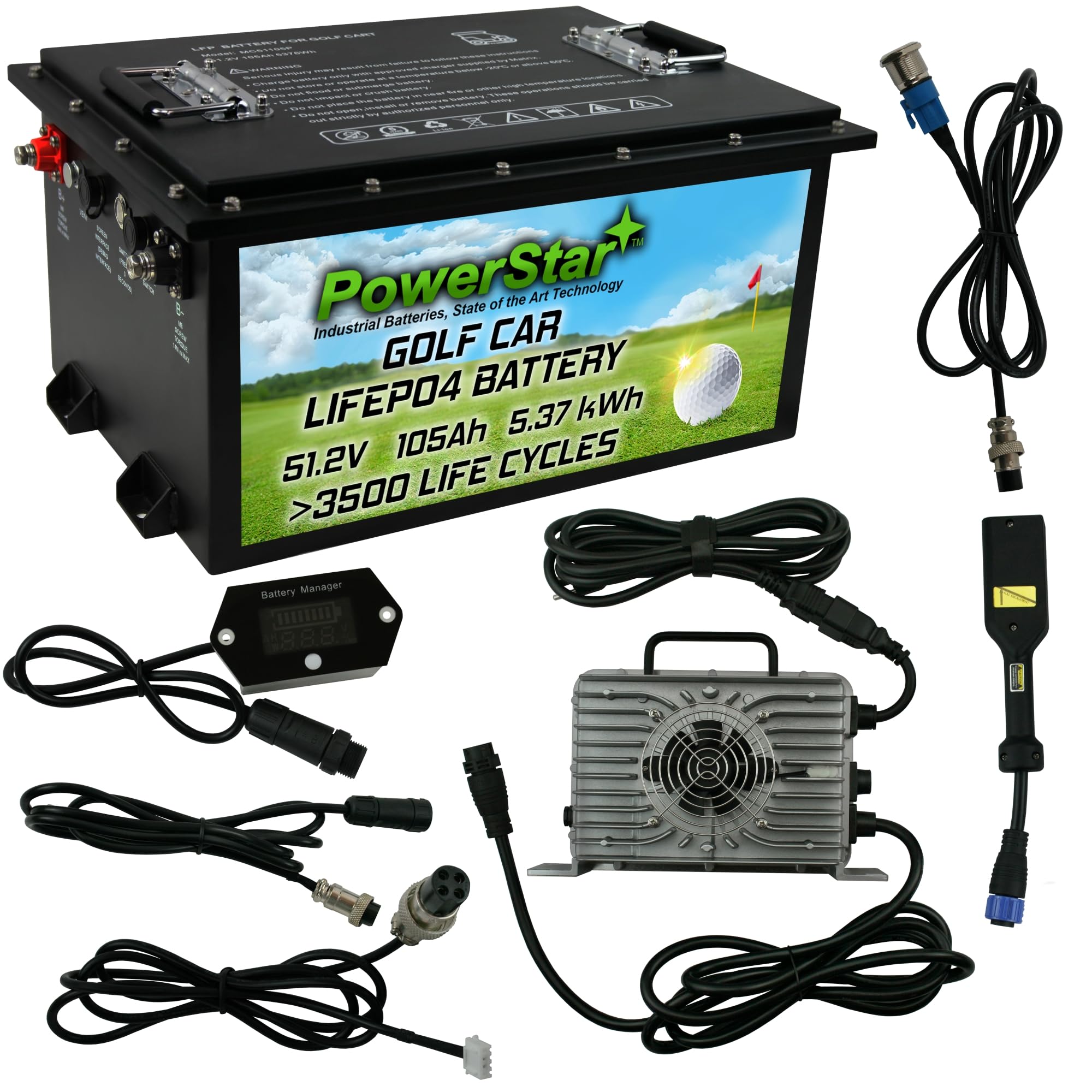 PowerStar48V LiFePO4 Deep Cycle Golf Cart Battery Replacement for DJLBERMPW 48V LiFePO4 Battery, Charger Included, for EZGO TXT