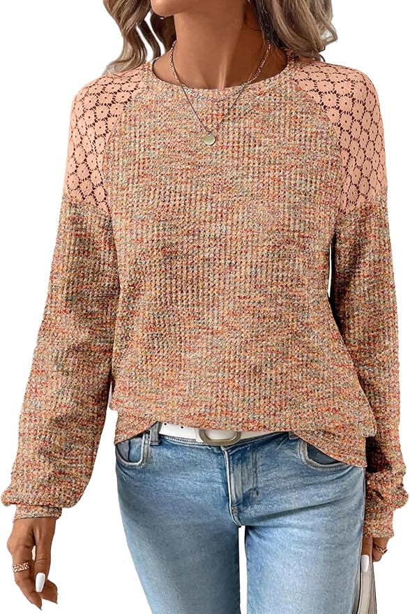 SHEWIN Fall Waffle Knit Long Sleeve Top