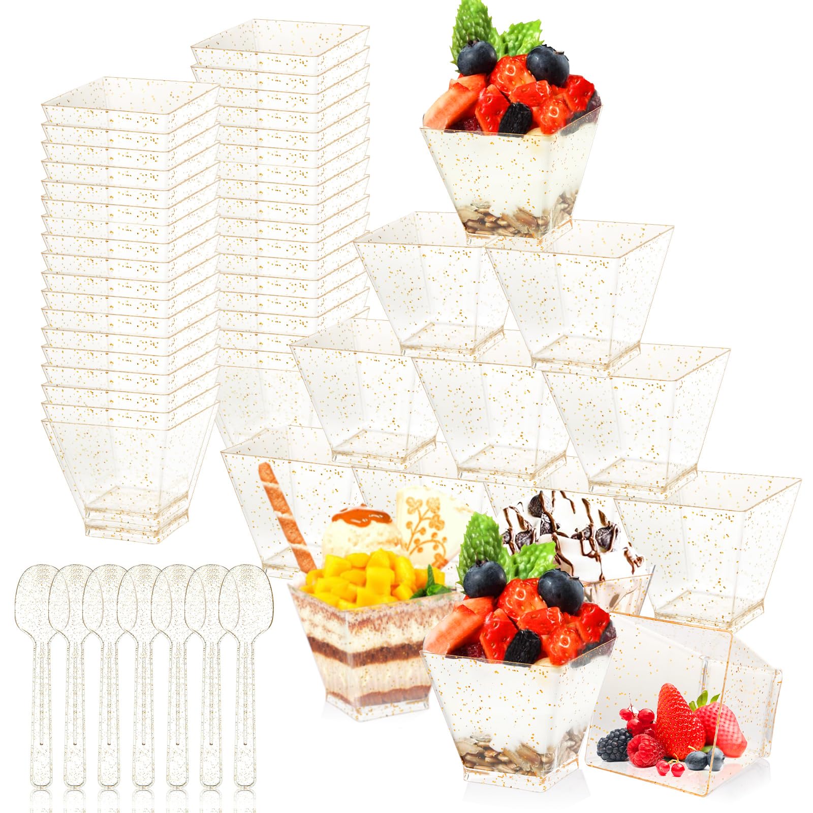 ASelected 100Pcs Mini Plastic Dessert Cups with 100pcs Spoons, 60ml, 2oz Small Gold Glitter Square Dessert Cups Appetizer Cups Great for Desserts, Chocolate, Puddings, Mousse (5x5x4.5cm)