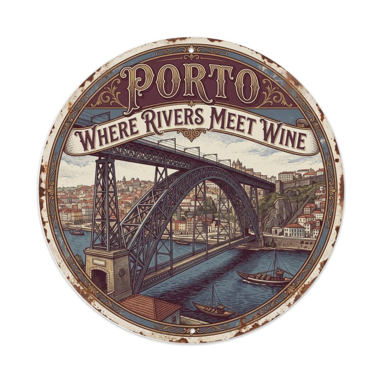 Vintage Travel Bridge Porto Portugal Metal Tin Sign Plaque Wall Decor for Cafe, Club, Garden Round Metal Poster 8x8Inch