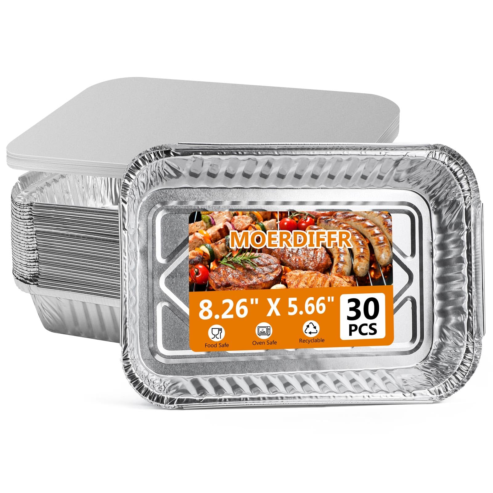 MOERDIFFER 30Pcs Aluminium Foil Baking Trays, Disposable Aluminium Foil Trays with Lids, Tin Foil Trays Foil Container for Baking/Cooking/Roasting, Food Storage & Freezing (L)