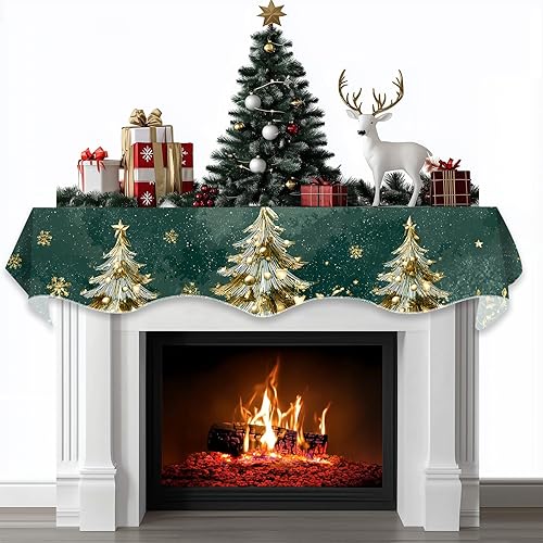 Bufanda de Navidad para chimenea, cubierta decorativa para Navidad, invierno, mantel superior (árbol de Navidad verde dorado, 70 pulgadas de largo x