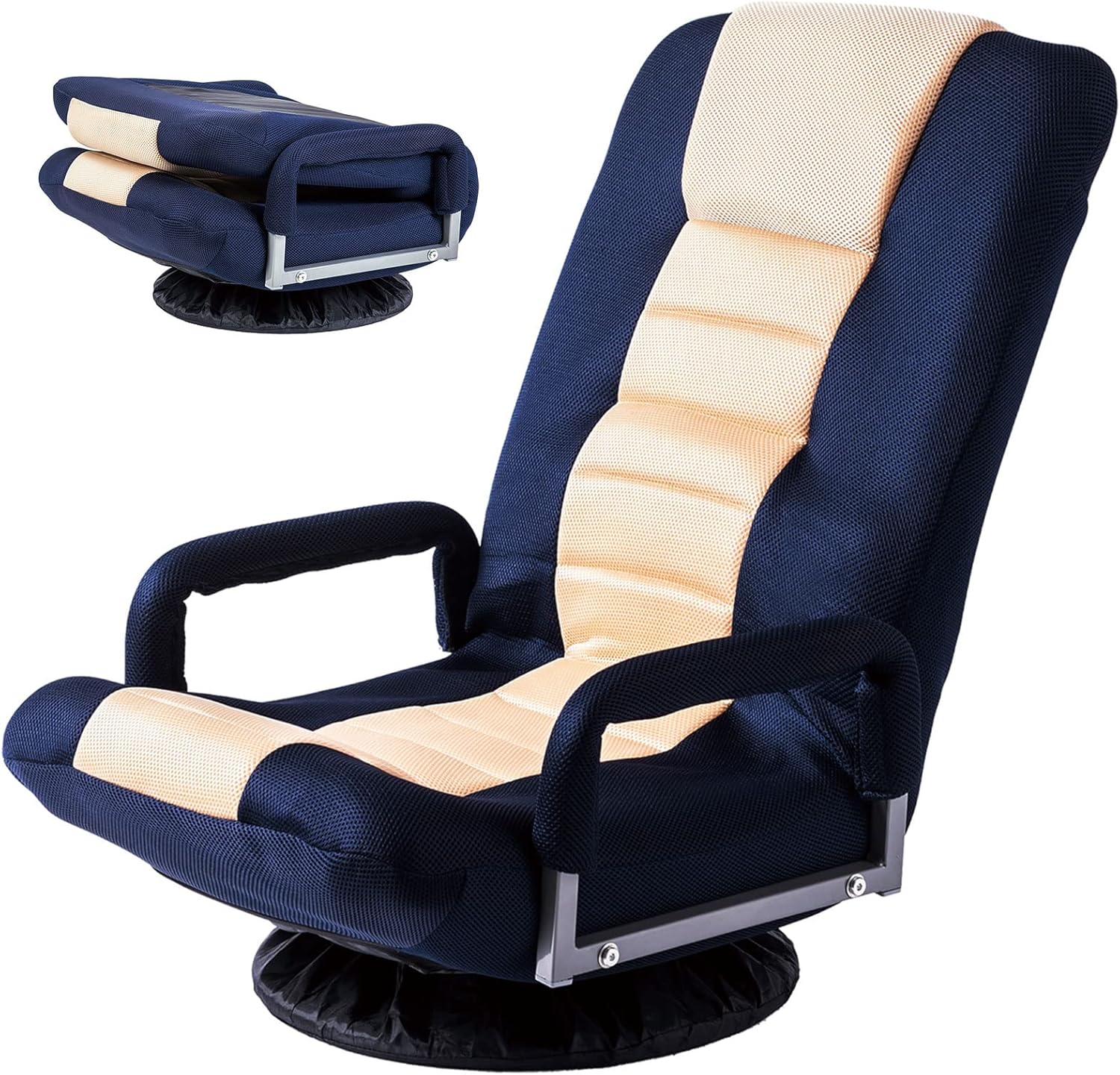 Foldable Floor Gaming Chair Video Gaming Rocker Chair for Adults, 360° Swivel Comfort Armrest 7-position adjustable back, for TV Reading, 330 lbs Support, Steel Frame, Comfortable Fabrics (Blue+Beige)