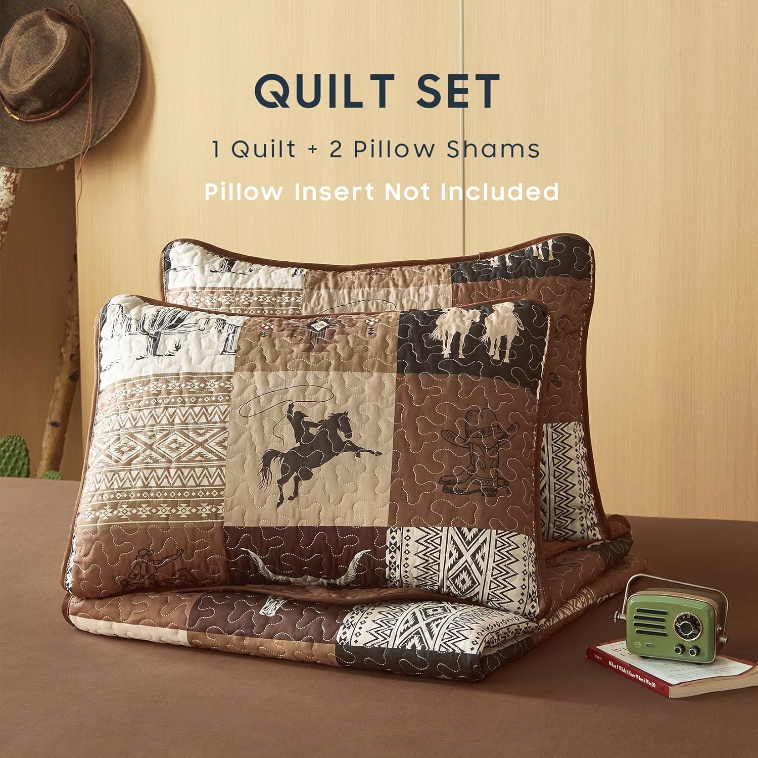 Wake In Cloud - Western Quilt Set, Southwestern Aztec Country Horse Cowboy Rustic Ranch Pattern Printed, Reversible Lightweight Bedspread Coverlet, 3 Pieces, Tan Brown, Queen/Full Size - Image 2