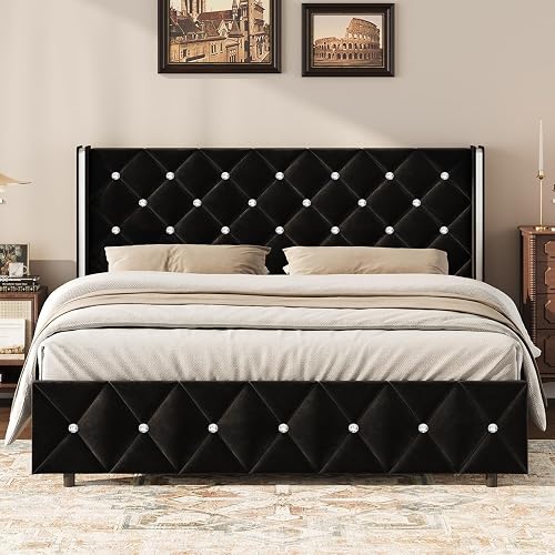 HOMBCK Queen Bed Frame with Velvet Headboard, Silverside Wingback, Black