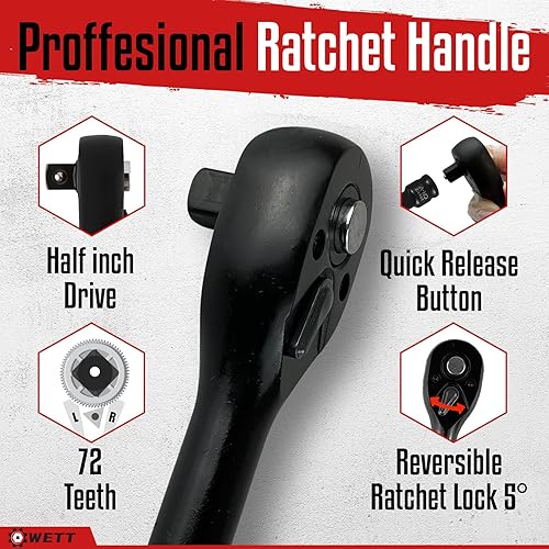 Miniatura 4 de WETT Juego de llaves de impacto de 12", juego de llaves de vaso poco profundas de 24 piezas, SAEmétrica, 716"-1", 0.512 in-0.945 in, mango de