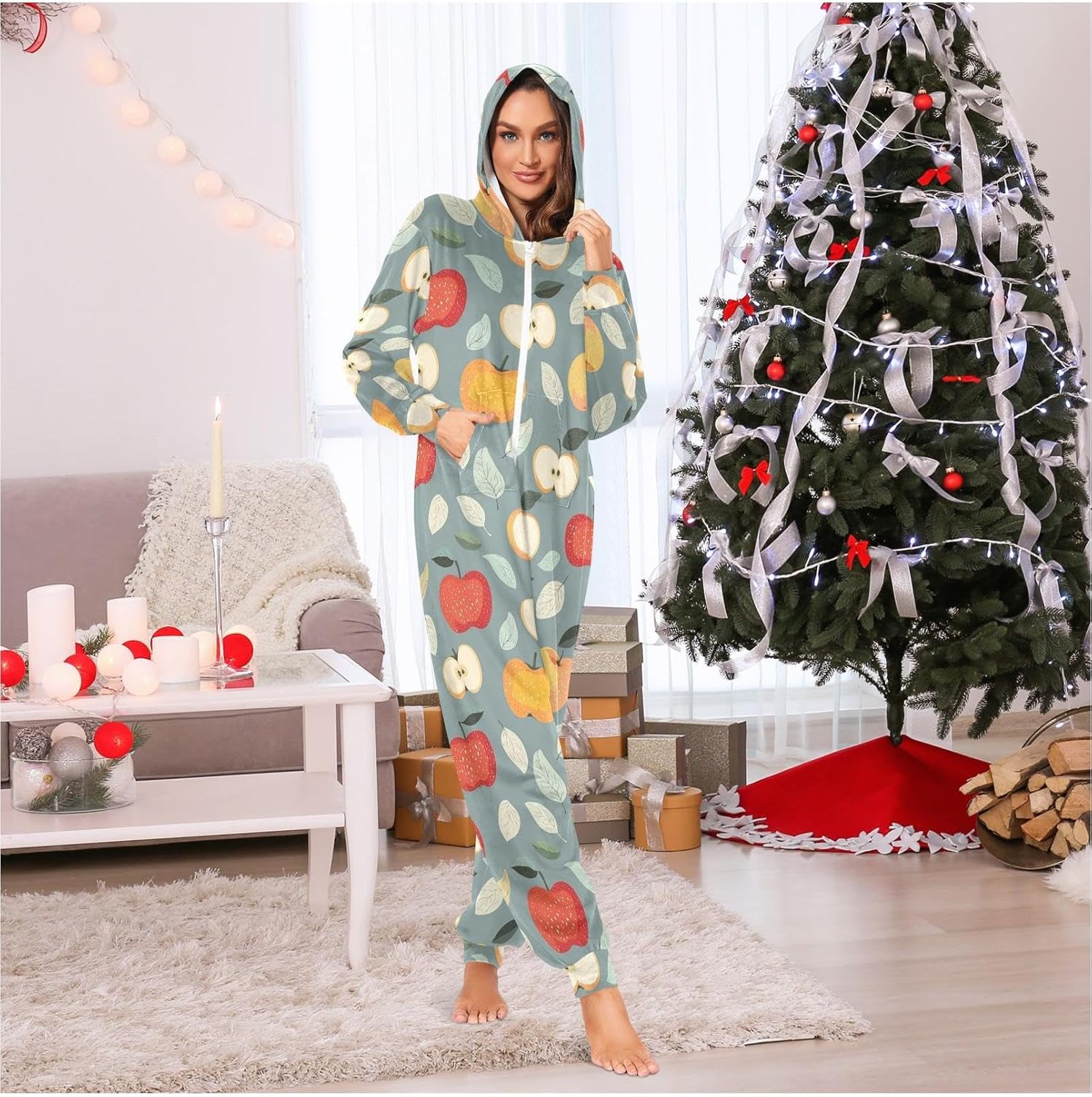 ZZKKO Farmhouse Apples Leaves Adult Onesie Pajamas for Women Men Cozy One Piece Pajamas Costume Zip-Up Hooded S-XL