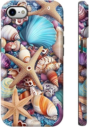Beach Starfish Conch Shells Phone Case for iPhone 7, Dual Layer Shockproof Heavy Duty Protective Cover with Soft TPU + Hard PC, Anti-Scratch Slim Fit, Wireless Charging Compatible