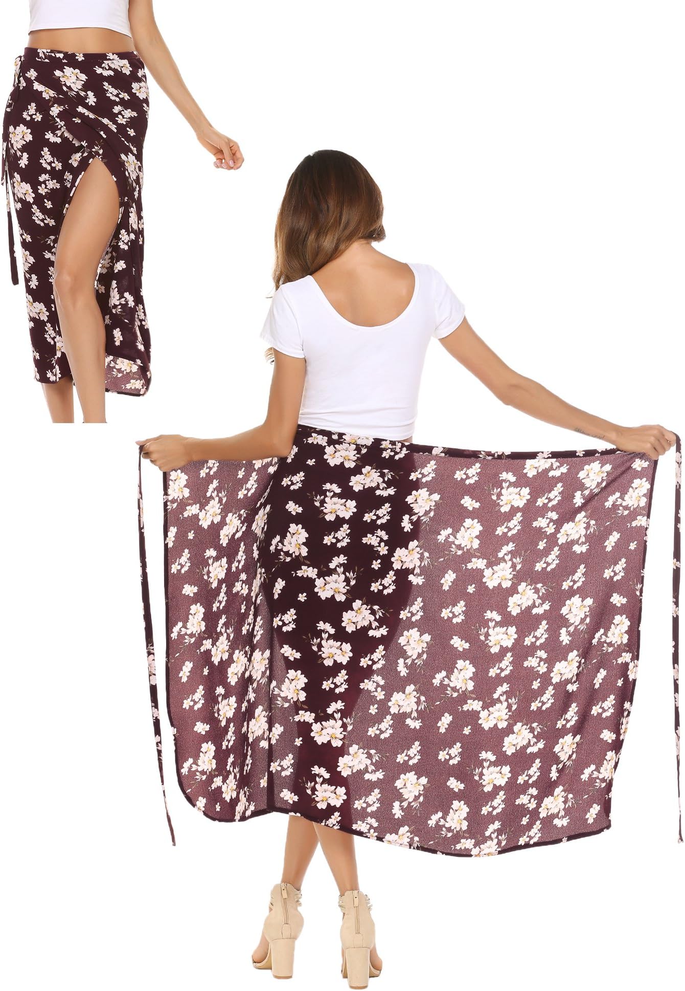 Tinkwell Womens Boho Floral Printed Beach Wrap Cover Up Skirt, Red, Large