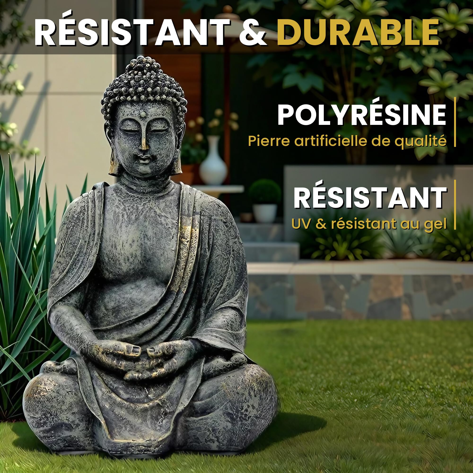 Statue Bouddha Jardin 38cm - Grande Figurine Bouddha Assis Meditation Resine Decoration Exterieur Interieur Resistant Gel & Intemperies - Sculpture Zen Feng Shui Terrasse Balcon