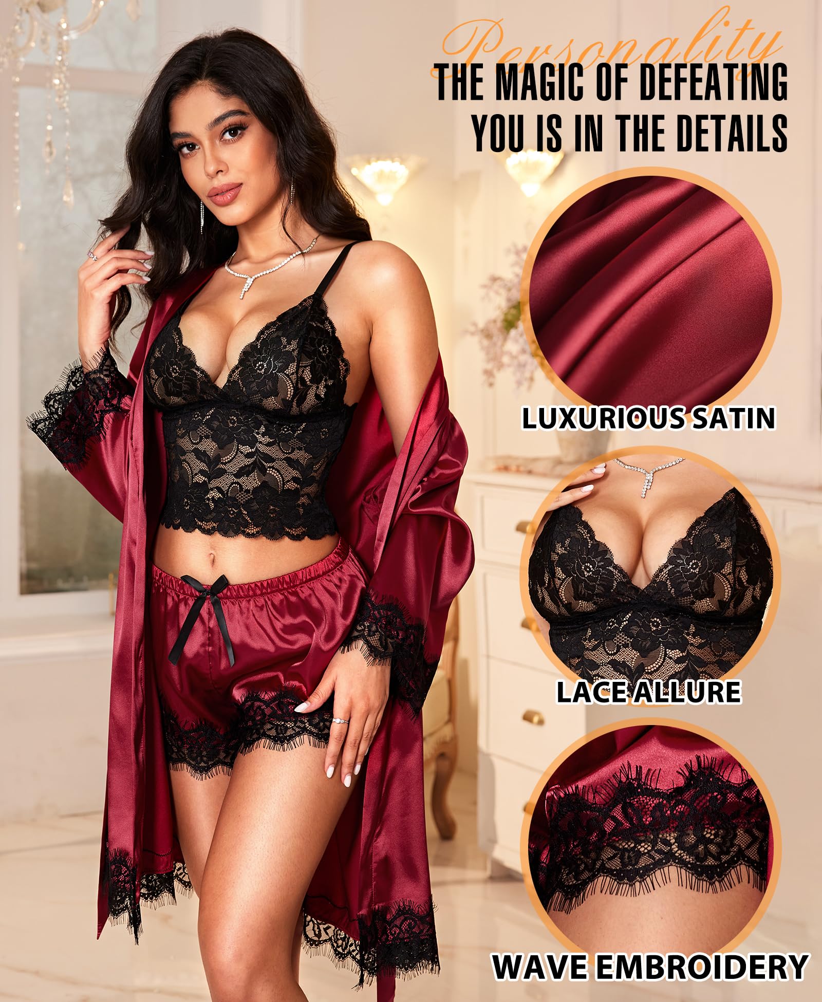 Sexy Dessous-Sets für Damen – Satin-Robe, Nachtwäsche, Seidenrobe, Babydoll, Chemise, Negligees, Nachtwäsche, 3-teilig