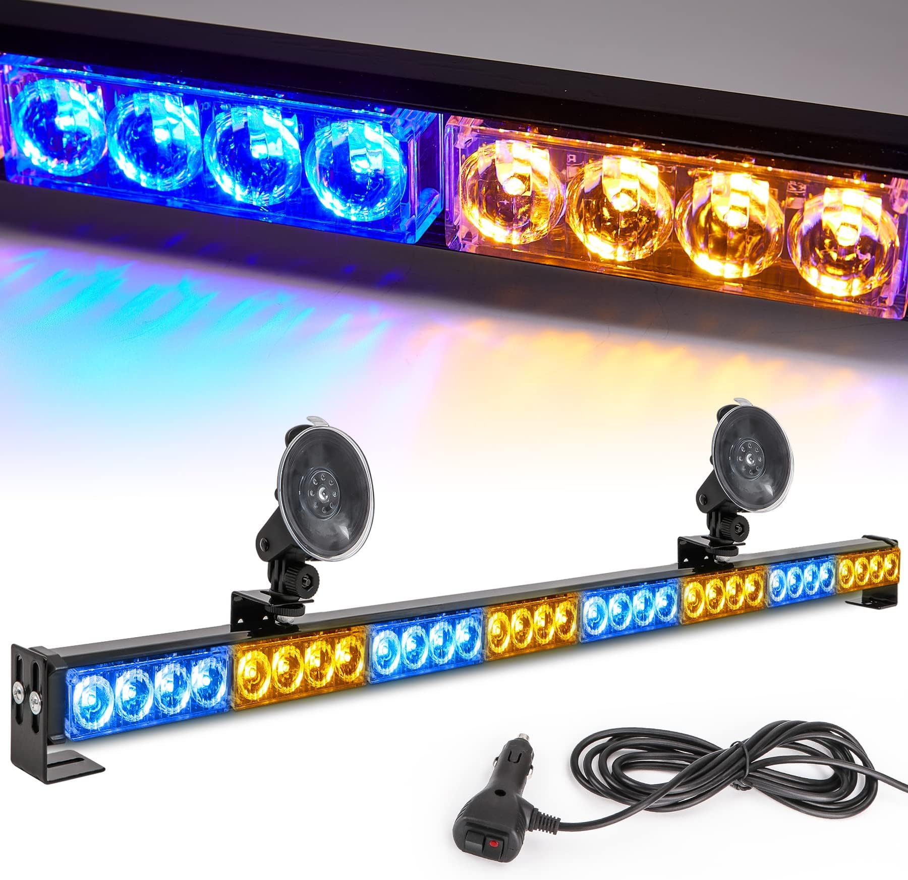 Amber/Blue Emergency Strobe Light Bar 36 In 13 Flash Patterns Traffic Advisor Warning Hazard Windshield Safety Lights Bar with Cigar Lighter for Police Vehicles, Truck (35.5 Inch, Yellow/Blue 32 Led)