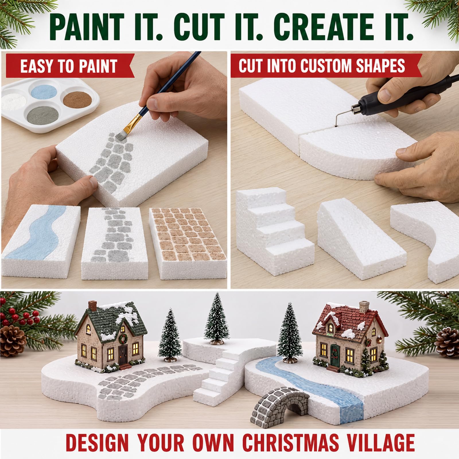 Pangda Lot de 10 présentoirs de village de Noël assortis en blocs de mousse